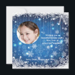 Cascading Snowflakes Photo Holiday Card<br><div class="desc">A stunning blue and white design featuring snowflake borders, cascading snowflakes and a round picture window for your favourite photo. Perfect as a holiday card or a winter birthday party invitation. The card is easy to customise with your wording, font, font colour and choice of six paper types. Not exactly...</div>