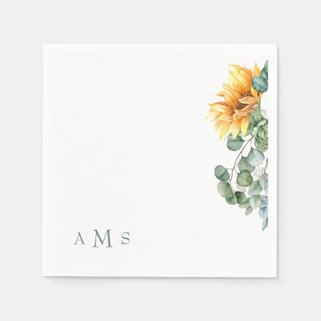 Cascading Sunflowers Greenery Sage Monogram Napkin (Front)