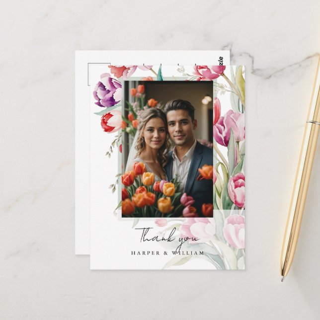 Cascading tulips wedding photo thank you postcard (Front/Back In Situ)