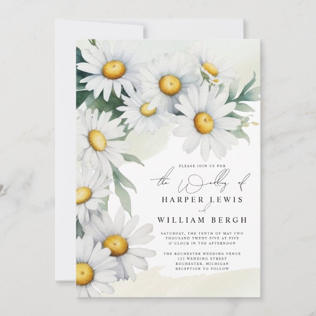 Cascading watercolor daisies qr code wedding invitation (Front)