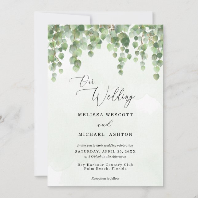 Cascading Watercolor Eucalyptus Greenery Wedding Invitation (Front)