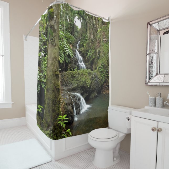 CASCADING WATERFALL IN TROPICAL GARDEN SHOWER CURTAIN (In Situ)
