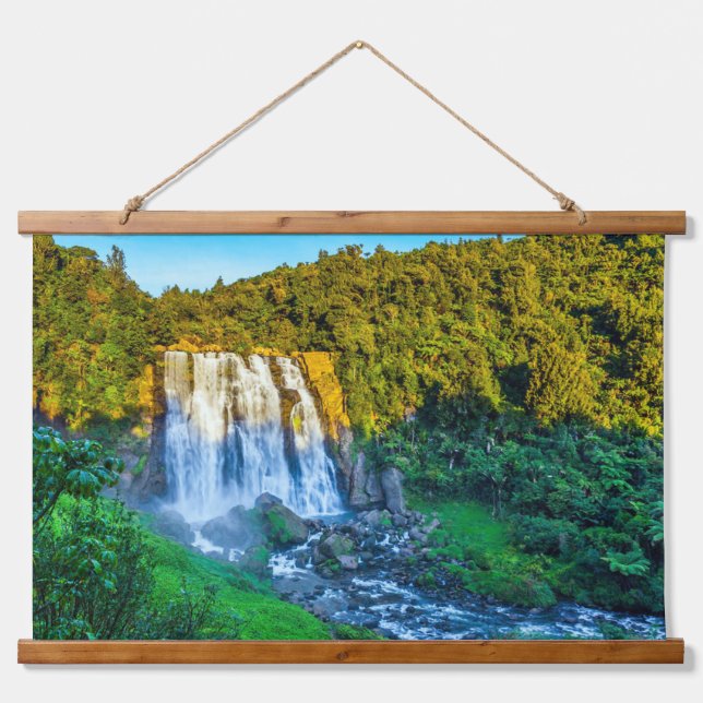 Cascading Waterfall Lush Forest Landscape Sunset   Hanging Tapestry (Front)