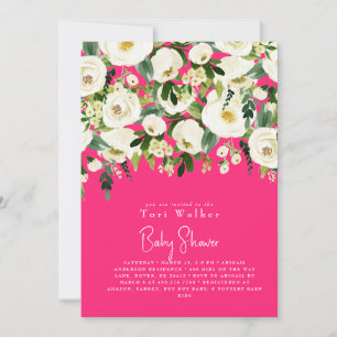 Cascading White Floral Hot Pink Baby Shower  Invitation