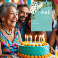 Cascading White Floral Turquoise 80th Birthday