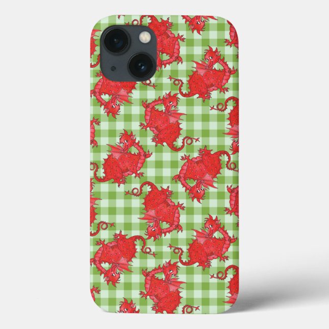Case-Mate iPad Case: Red Dragons on Green Gingham Case-Mate iPhone Case (Back)