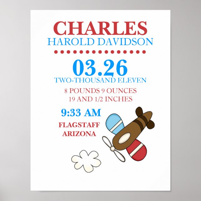 CASEY'S ABC Aeroplane Birth Announcement Wall Poster (Front)