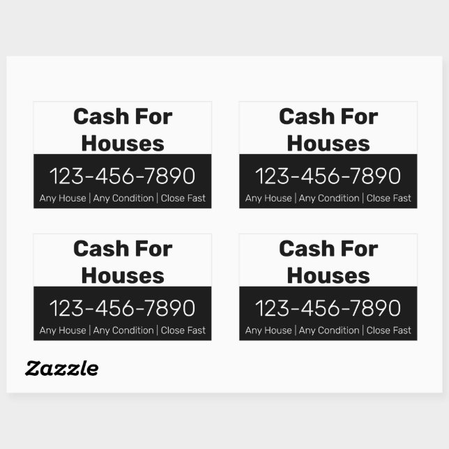 Cash For Houses Black White Phone Number Your Text Rectangular Sticker (Sheet)