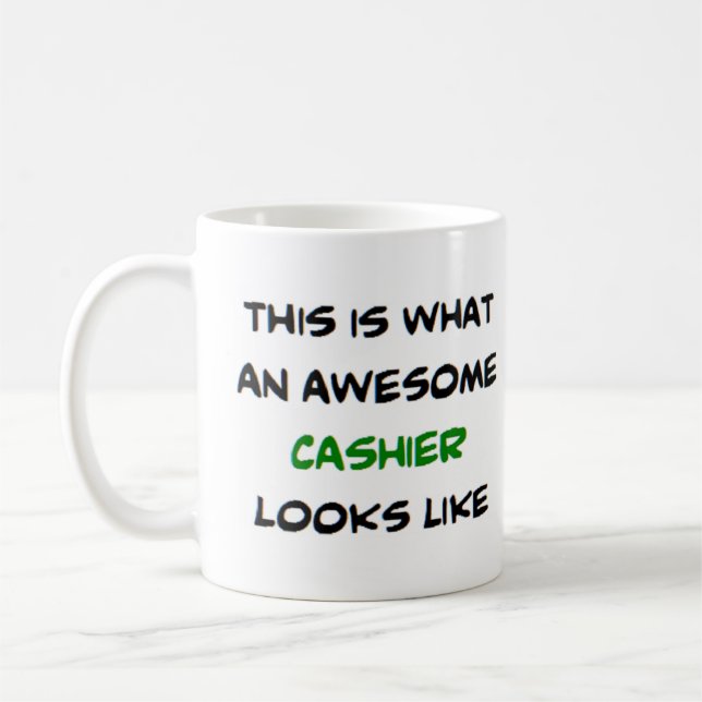 cashier, awesome coffee mug (Left)