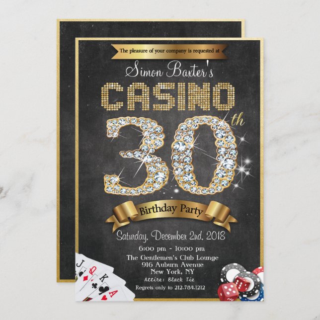 Casino 30th Gold Diamond Birthday Invitation (Front/Back)