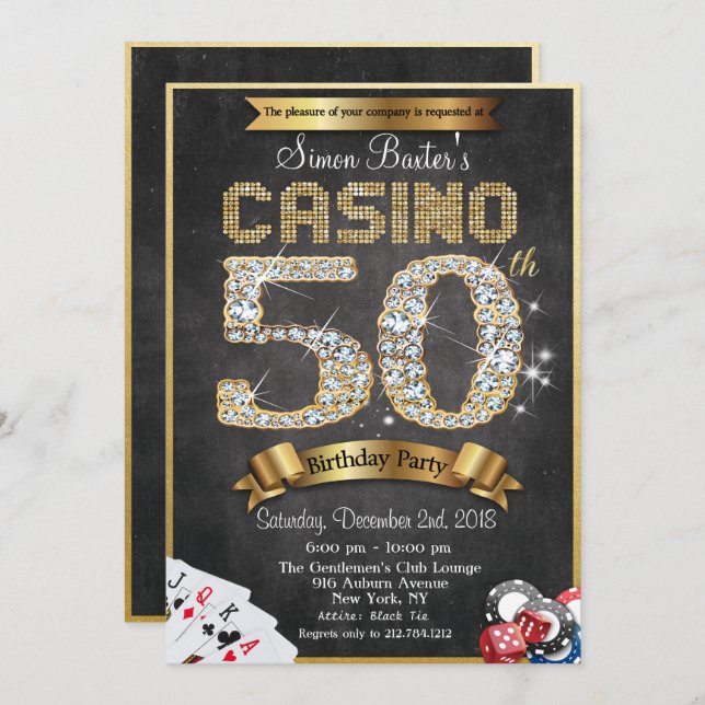 Casino 50th Gold Diamond Birthday Invitation (Front/Back)