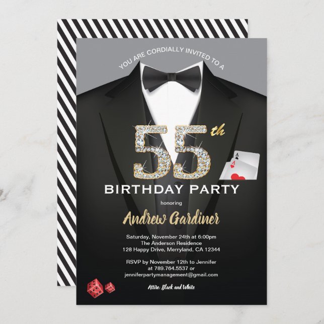Casino 55th birthday invitation. Black and gold Invitation (Front/Back)