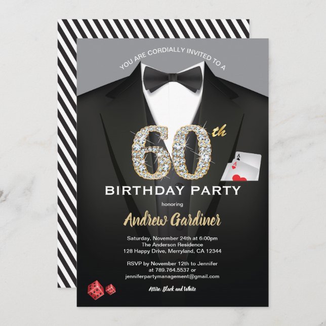 Casino 60th birthday invitation. Black and gold Invitation (Front/Back)