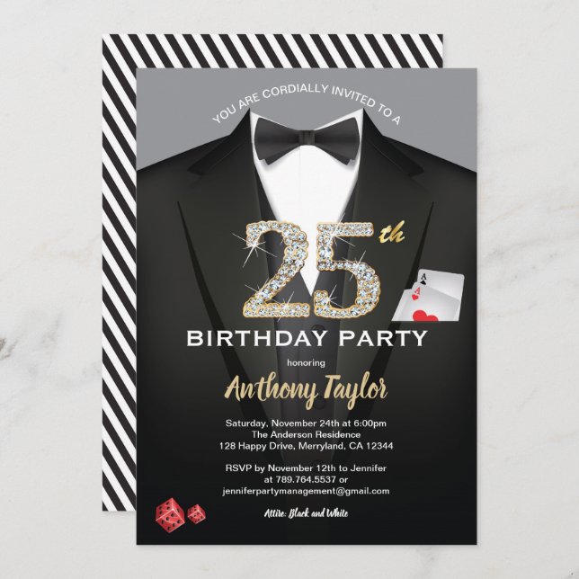 Casino birthday invitation. Black and white theme Invitation (Front/Back)