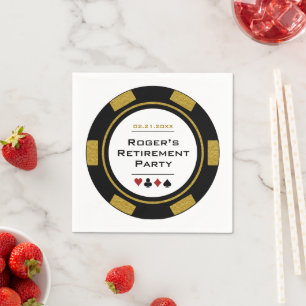 Casino Black Gold Poker Chip Retirement Party Napkin