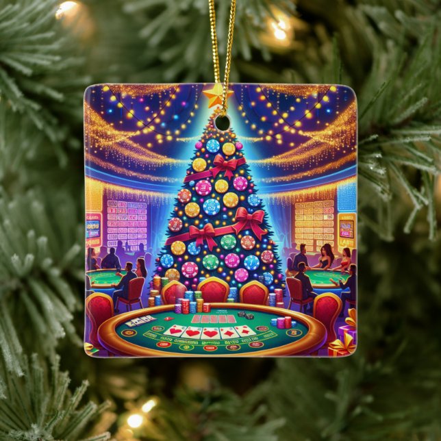 Casino Card Table And Poker Chip Christmas Tree Ceramic Ornament (Tree)