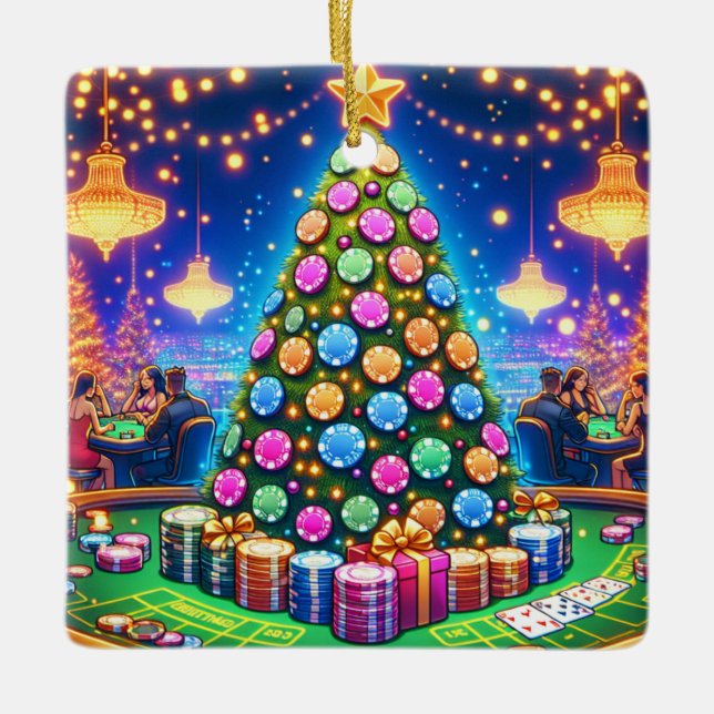 Casino Card Table And Poker Chip Christmas Tree Ceramic Ornament (Front)