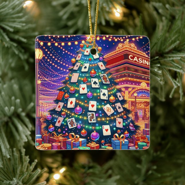 Casino Card Table Chips Christmas Tree With Cards Ceramic Ornament (Tree)