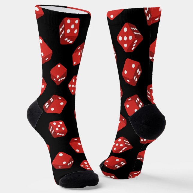 Casino Craps Red Dice on Black Pattern Socks (Angled)