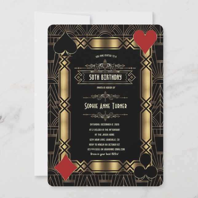 Casino Gold Art Deco Gatsby 20s Birthday Party Invitation (Front)