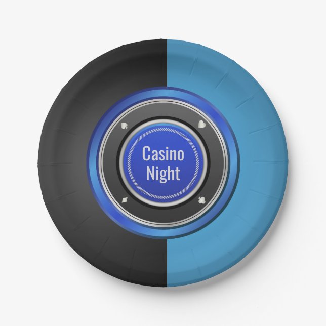 Casino Night Black and Blue Poker Chip Paper Plate (Front)