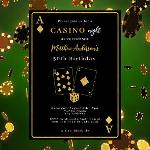Casino night black gold birthday invitation