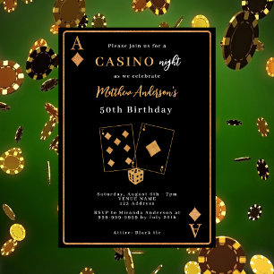 Casino night black gold birthday invitation