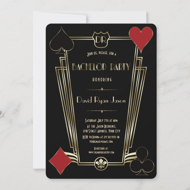 Casino Night Gold Art Deco Monogram Bachelor Party Invitation (Front)