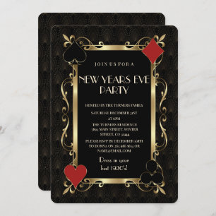Casino Night Gold Art Deco New Years Eve Party Invitation