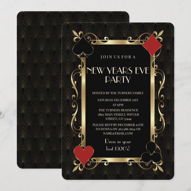 Casino Night Gold Art Deco New Years Eve Party Invitation (Front/Back)