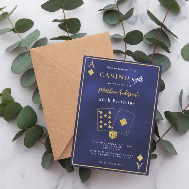 Casino night navy blue gold birthday invitation (Creator Uploaded)
