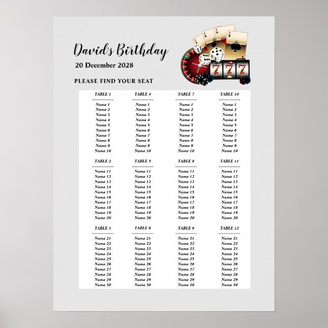 CASINO party seating sign, birthday party seat Poster (Front)