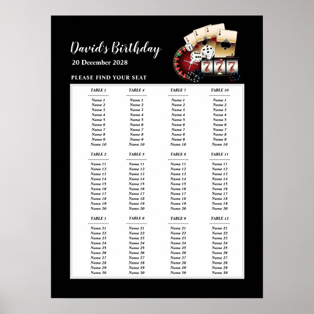 CASINO party seating sign, birthday party seat Poster (Front)