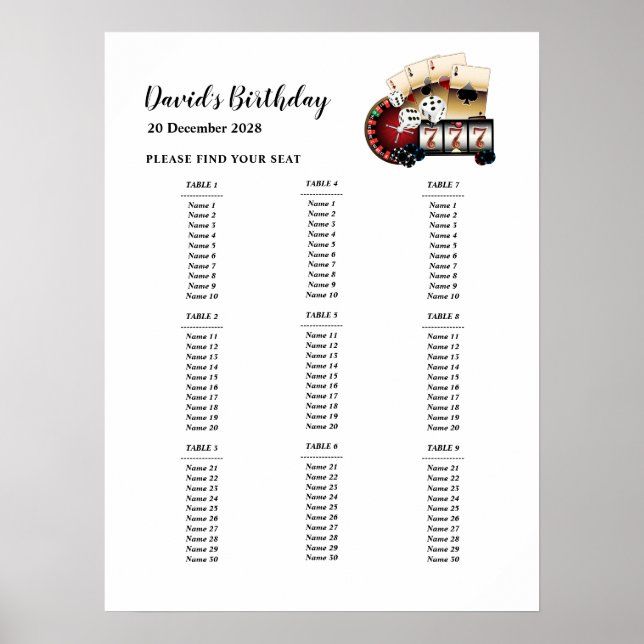CASINO party seating sign, birthday party seat Poster (Front)