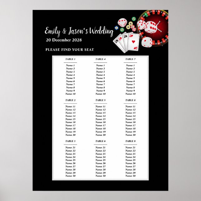 CASINO party seating sign, wedding seat chart (Front)