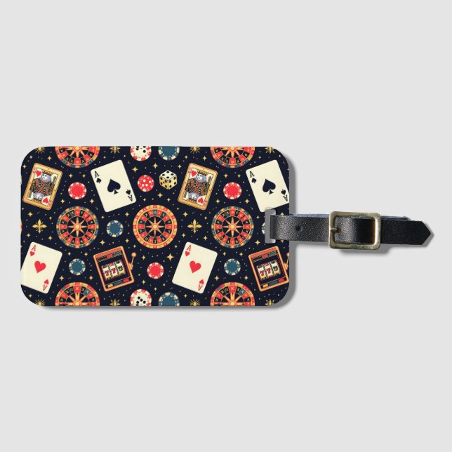 Casino pattern theme on black luggage tag (Front Horizontal)