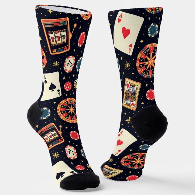 Casino pattern theme on black socks (Angled)