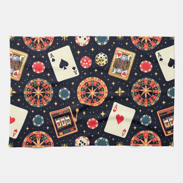 Casino pattern theme on black tea towel (Horizontal)