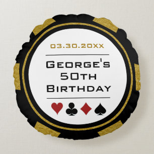Casino Poker Chip Black and Gold Birthday Round Cushion
