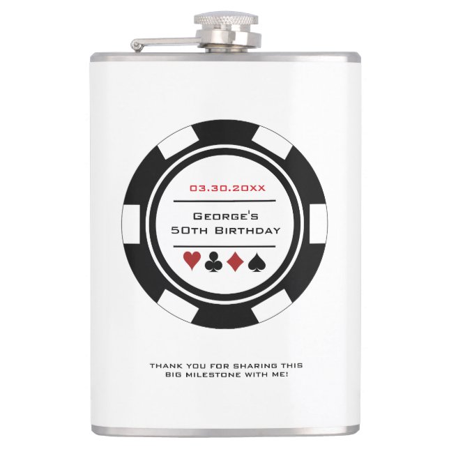 Casino Poker Chip Black and White Birthday Flask (Front)