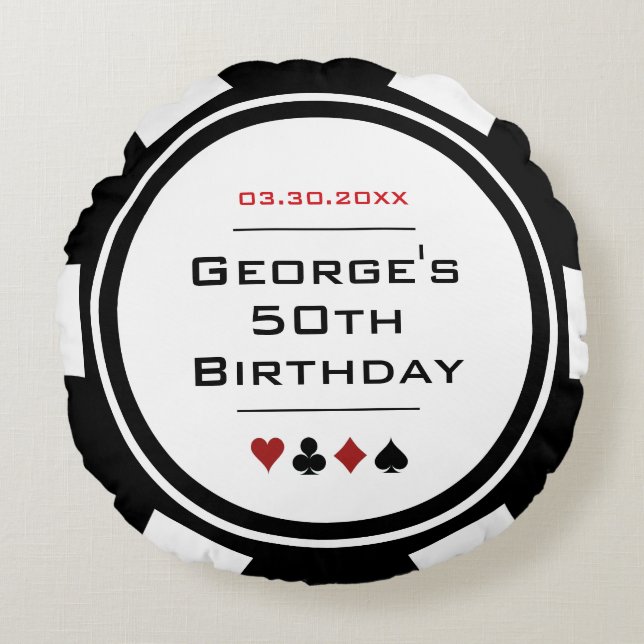 Casino Poker Chip Black and White Birthday Round Cushion (Front)