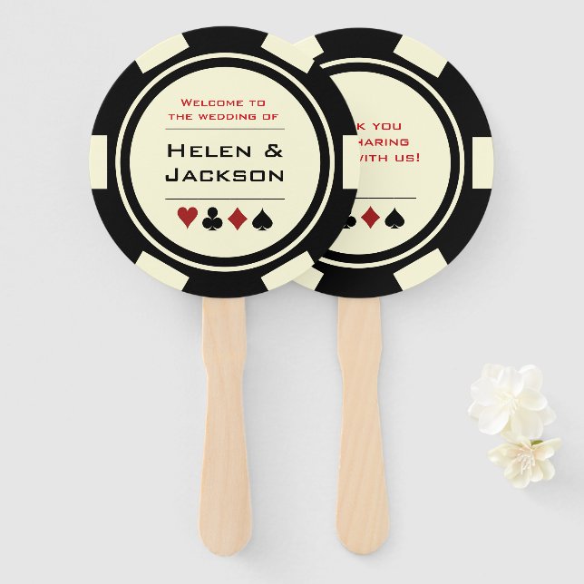 Casino Poker Chip Black Cream Welcome To Wedding Hand Fan (Front and Back)
