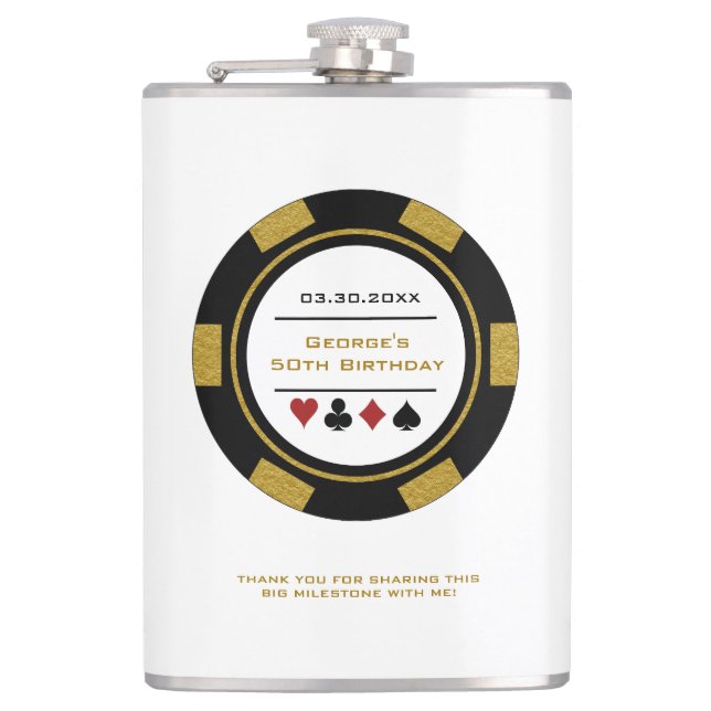 Casino Poker Chip Black Gold White Birthday Flask (Front)