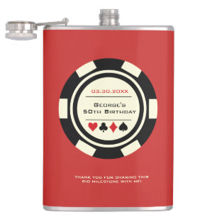 Casino Poker Chip Black Off-White on Red Birthday Hip Flask