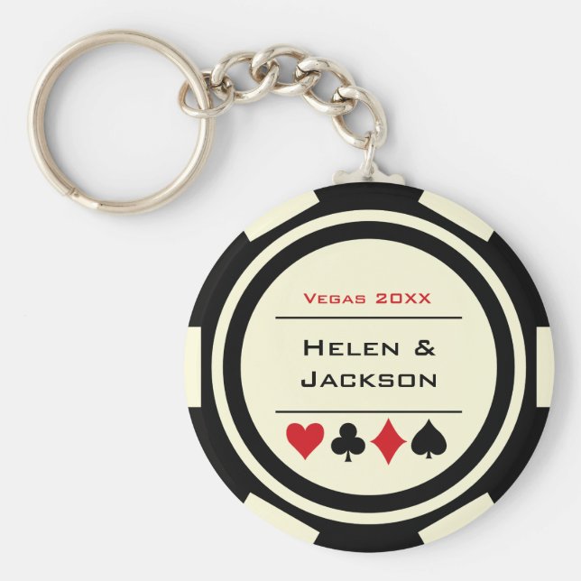 Casino Poker Chip Black Off-White Wedding Favor Key Ring (Front)