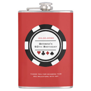 Casino Poker Chip Black Red and White Birthday Hip Flask