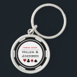 Casino Poker Chip Black White Wedding Favor Key Ring<br><div class="desc">Getting married in Las Vegas or maybe you're having a casino themed wedding? These white and black keychains would make a perfect idea for your guest's favors. Personalize the design with your names in black in the center,  and a wedding date,  thank you,  etc. in red on top.</div>