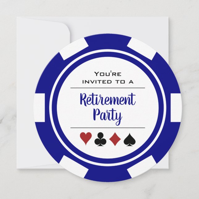Casino Poker Chip Blue and White Retirement Party Invitation (Front)