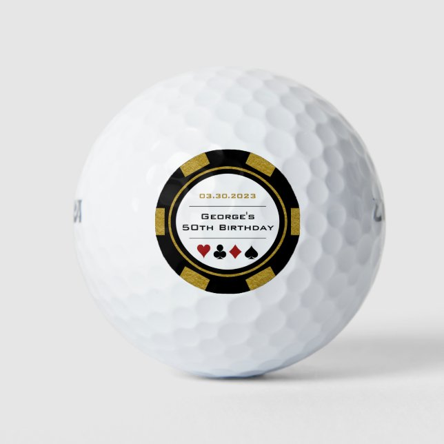 Casino Poker Chip in Gold Black and White Birthday Golf Balls (Front)