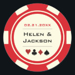Casino Poker Chip Red and Off White Wedding Classic Round Sticker<br><div class="desc">Getting married in Las Vegas or another fun casino town? These red and white glossy stickers would make a perfect addition to a favour box,  envelope,  candy buffet and more.</div>